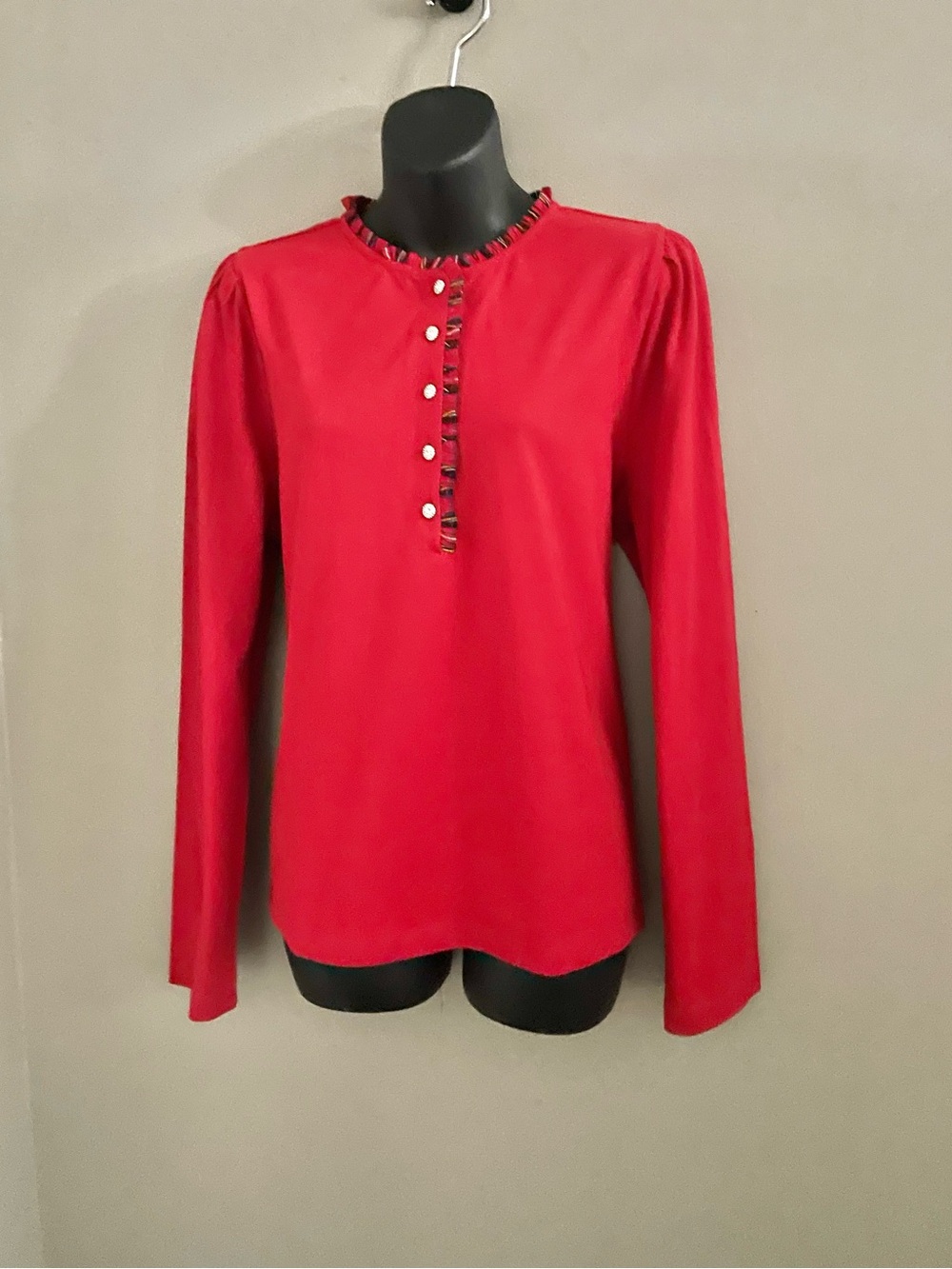 J. Crew Plaid Red Ruffle-Trim Rhinestone Button Cotton Shirt (NWT)